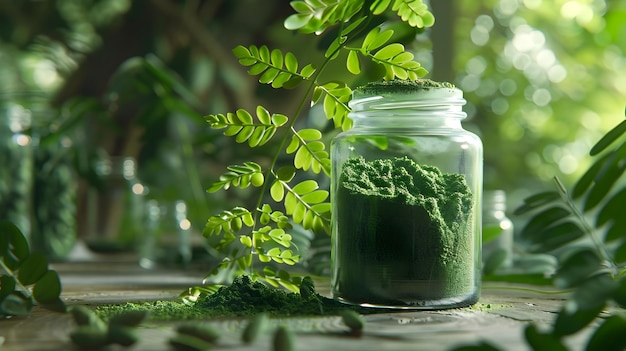 Vibrant Moringa Powder in Transparent Glass Jar on Wooden Table