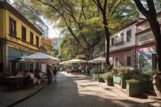 Vibrant morning reveals Pinheiros treelined cultural and bustling generative IA