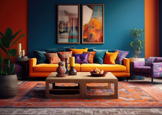 A vibrant Moroccan carpet design in an eclectic living space