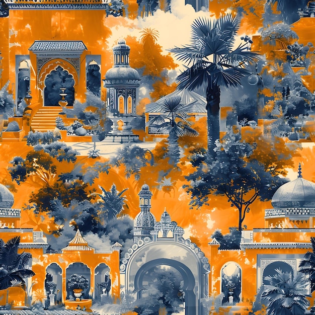 Vibrant Moroccan Toile de Jouy Seamless Pattern with Rich Tilework and Ornate Archways