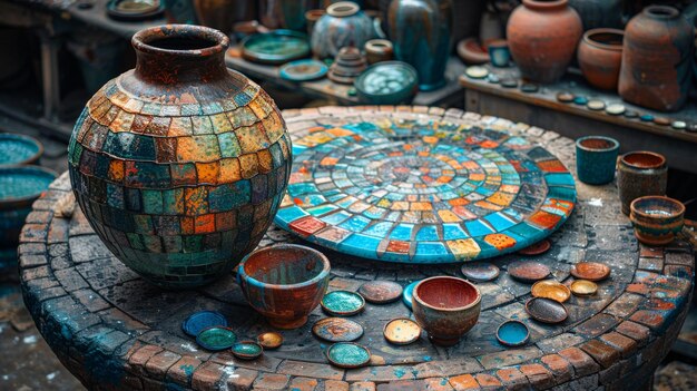 Vibrant Mosaic Ceramic Pottery Colorful Artistic Handmade Vases and Plates Colorful Artistic Handmade Vases