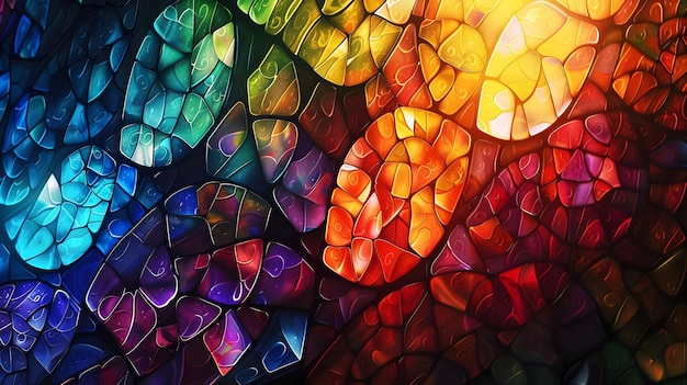 Vibrant Mosaic Harmony Abstract Background with Radiant Sunburst and Colorful Stained Glass Patterns