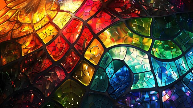 Vibrant Mosaic Harmony with Colorful Stained Glass Patterns and Radiant Sunburst Abstract Background