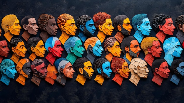 Photo a vibrant mosaic showcasing diverse faces celebrating unity in rich colors and artistic expression