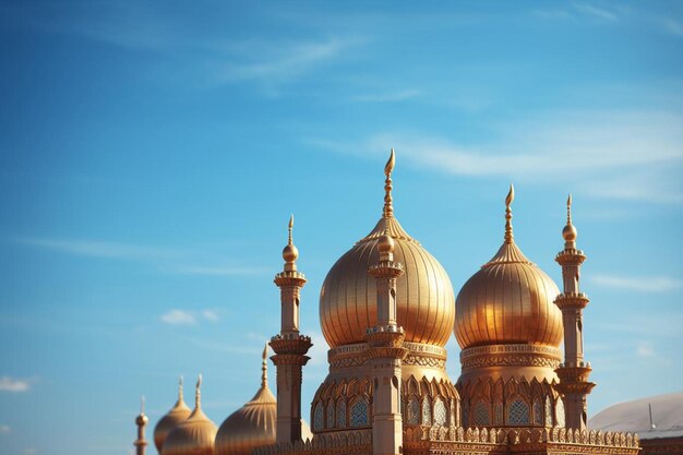 Vibrant Mosque Minarets Against Blue Sky