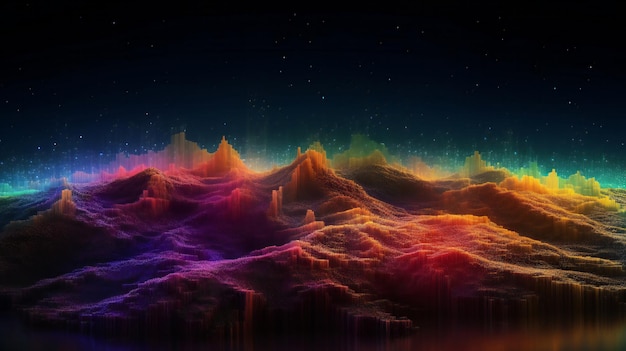 A vibrant mountain range in a dreamy sky