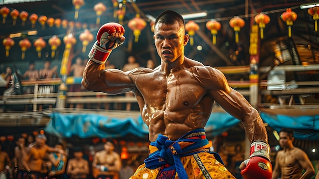 A Vibrant Muay Thai Warrior in a Culturally Rich Festival Setting