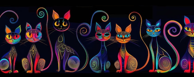 A vibrant multicolored illustration of stylized cats in profile with intricate abstract patterns and designs