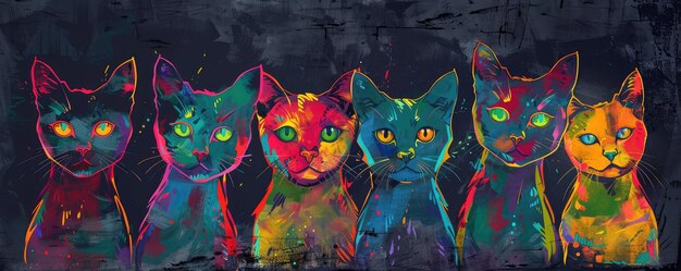 Photo a vibrant multicolored illustration of stylized cats in profile with intricate abstract patterns and designs