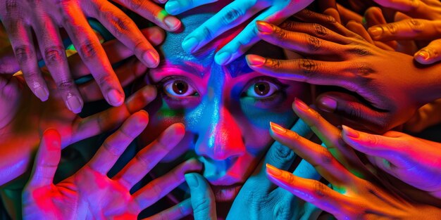 Photo vibrant multicolored light on human hands and face