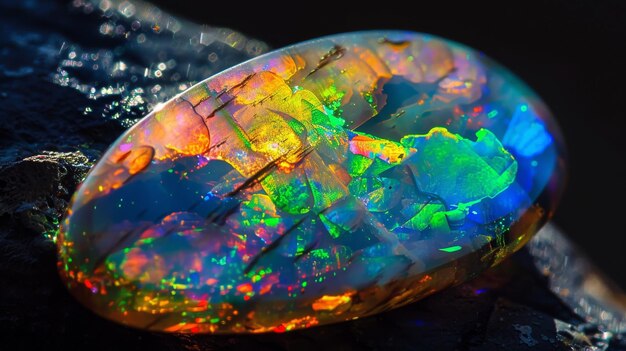 Photo vibrant multicolored polished opal gemstone closeup for jewelry design and collection display