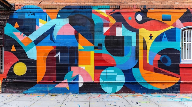 A vibrant mural of abstract shapes and colors adorning a brick wall in an urban alleyway