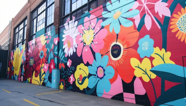 Vibrant mural of colorful flowers adorning a city wall in an urban alley during daylight