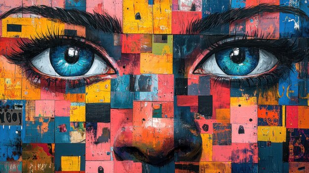 A vibrant mural featuring striking blue eyes and colorful patterns