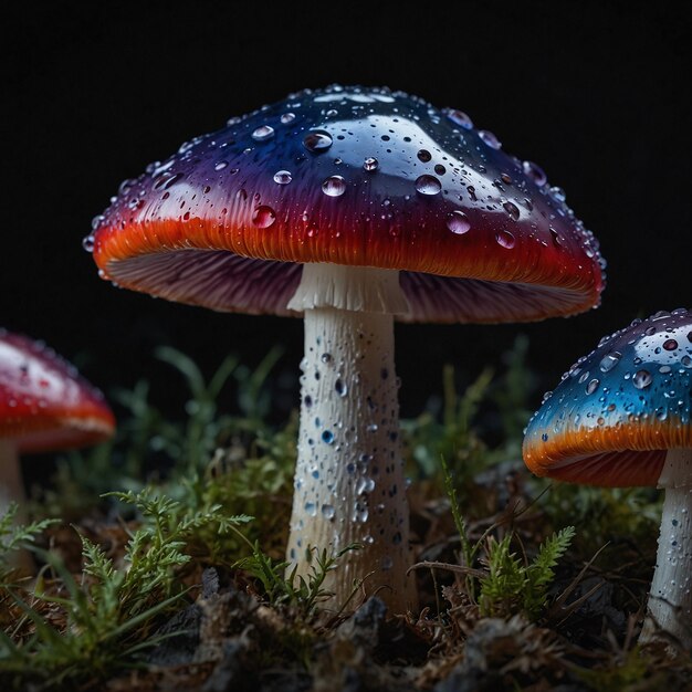 Vibrant Mushroom with Dew Drops in Autumn Forest