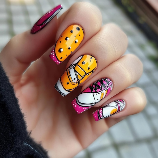 Photo vibrant nail art featuring designs inspired by sneakers showcased in bright and bold tones