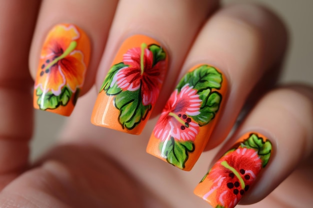 Vibrant nail art inspired by Hawaiian hibiscus flower garlands showcasing intricate details and bold colors