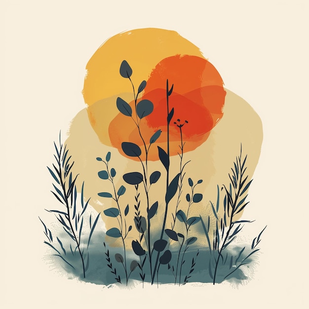 Photo vibrant nature illustration with bold colors and handdrawn style