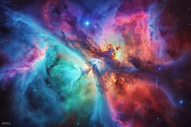 Photo a vibrant nebula in space with colorful clouds and stars forming intricate patterns in the center