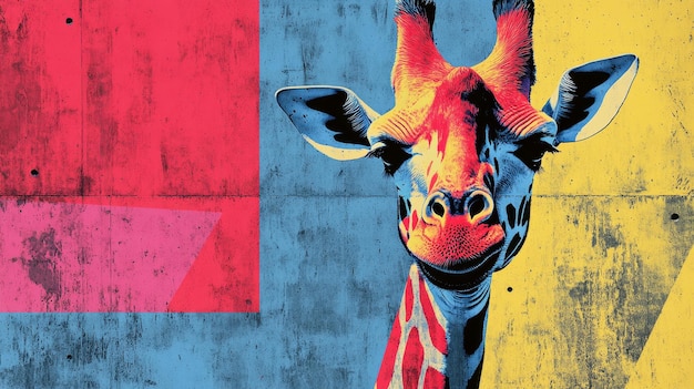 Vibrant neo brutalism poster featuring an abstract angular design of a giraffe in primary colors