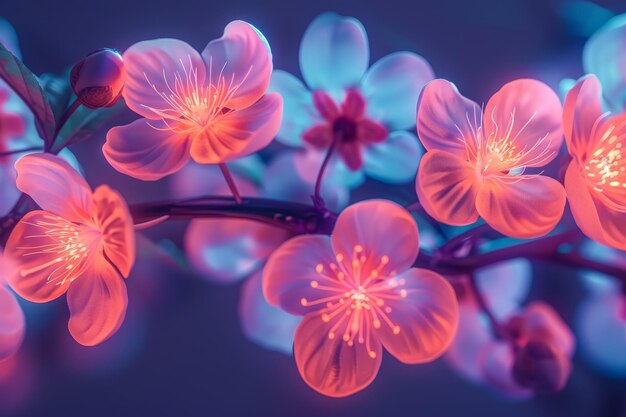 Photo vibrant neon blossoms illuminate the darkness in this digital rendering of abstract flowers against a dark backdrop