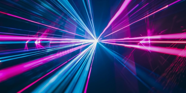 Vibrant neon blue and pink light beams converge to create the illusion of a highspeed tunnel in a dark space