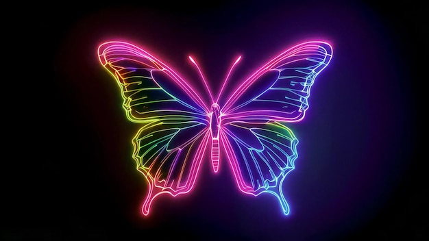 Photo vibrant neon butterfly glowing in spectrum colors on a dark backdrop symbolizing creativity and transformation