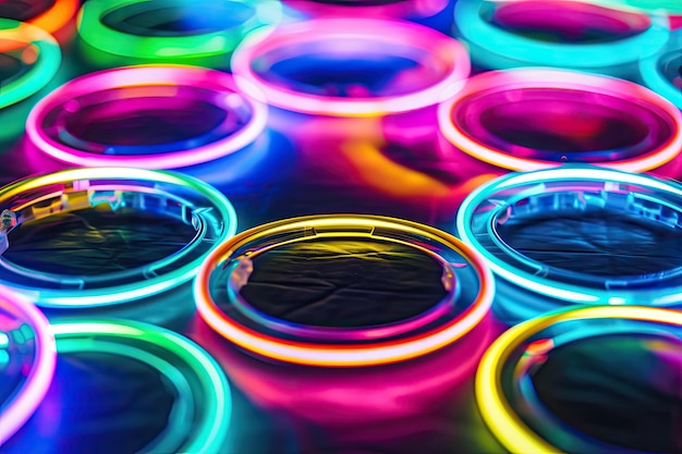 Vibrant neon circles forming an intricate pattern Dynamic display of neon circles creating an elaborate and mesmerizing pattern