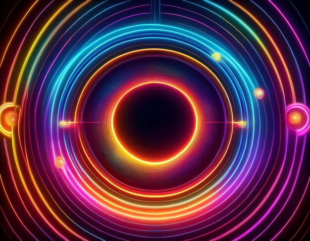 Photo vibrant neon circles glowing abstract electric pattern on dark futuristic background