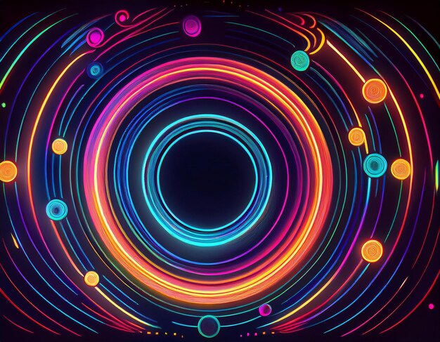 Photo vibrant neon circles glowing abstract electric pattern on dark futuristic background