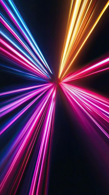 Photo vibrant neon colors create stunning gradient effect against dark background showcasing dynamic light beams in blue pink and yellow this captivating visual evokes sense of energy and movement