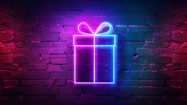 Photo vibrant neon gift box illustration on brick wall