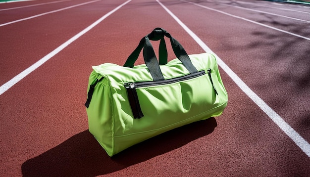 Photo a vibrant neon green sports bag lying on a running track the bold color standing out again