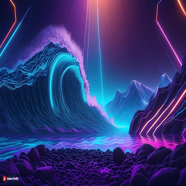 A vibrant neon grid landscape resembling digital mountains under a starry sky evoking 80s retrofuturism