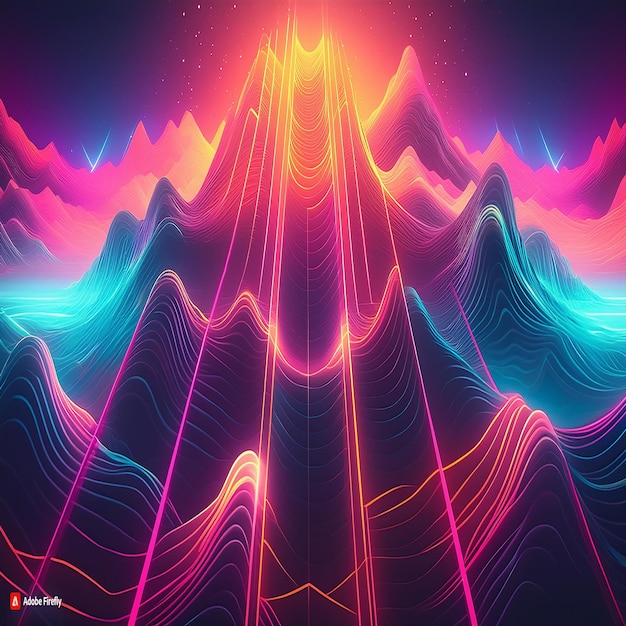 A vibrant neon grid landscape resembling digital mountains under a starry sky evoking 80s retrofuturism