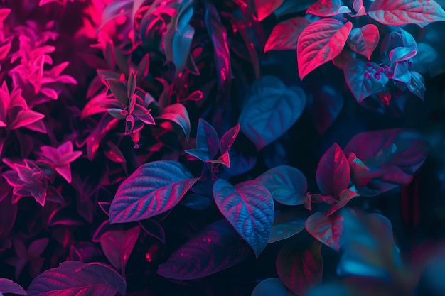 Vibrant Neon Leaves Red and Blue Light Illuminated Foliage for Modern and Futuristic Designs