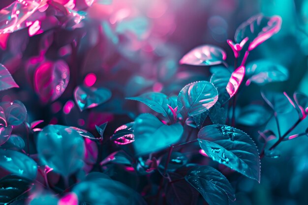 Vibrant Neon Leaves with Dew Drops in a Dreamy Abstract Garden