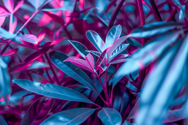 Vibrant Neon Leaves with Pink and Blue Lighting in a Modern Botanical Setting