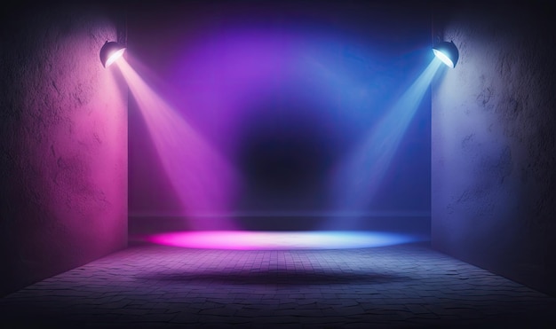 Vibrant Neon Lights Illuminate Empty Stage on Dark Blue and Purple Background