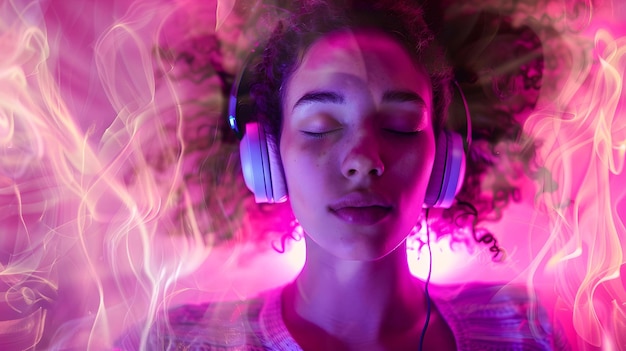 Photo vibrant neon lights surround young person enjoying music with headphones serenity in chaos abstract and modern style image relaxation concept ai