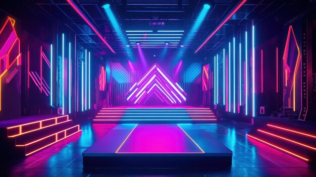 Vibrant Neon Lit Stage with Futuristic Design and Colorful LED Lights in a Modern Event Venue