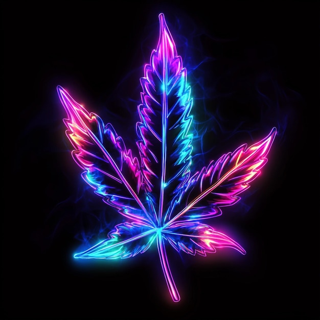 A vibrant neon marijuana leaf