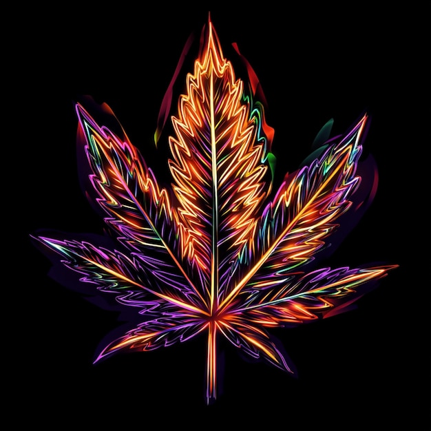 A vibrant neon marijuana leaf