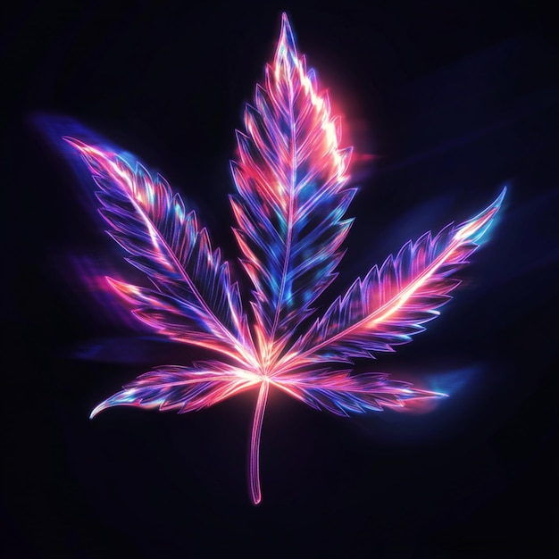 A vibrant neon marijuana leaf