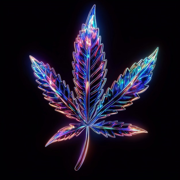 A vibrant neon marijuana leaf