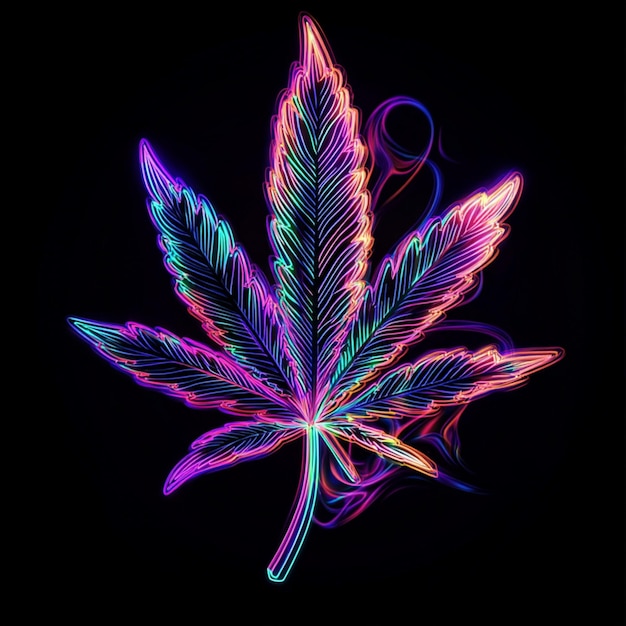 A vibrant neon marijuana leaf