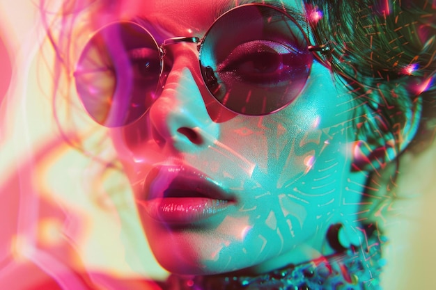 Photo vibrant neon portrait of stylish woman with sunglasses