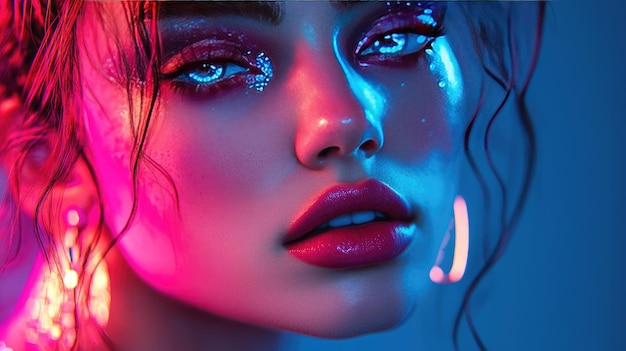 Photo vibrant neon portrait of woman with glitter makeup and colorful lighting