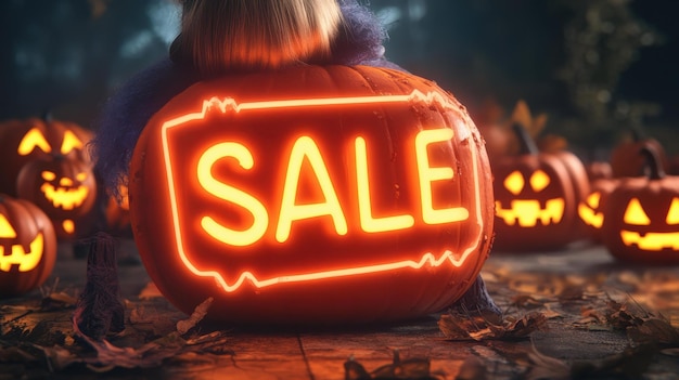 A vibrant neon sale sign glows from within a Halloween pumpkin