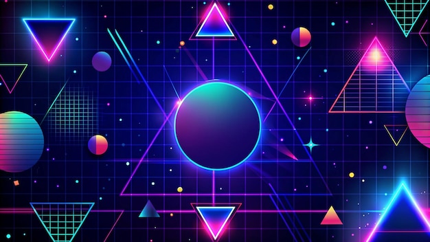 Photo vibrant neon triangles and circles on a dark grid background